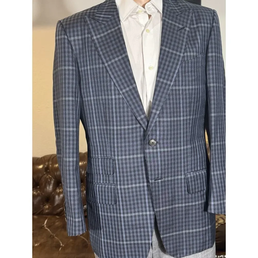 Tom Ford Blue Plaid Peak Lapel Suit Silk 48 38R US O'Connor 34x27 Trousers